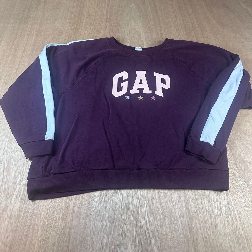GAP Women’s Sweatshirt L Purple Logo Crewneck with Star Detail‎ & Stripe Sleeves